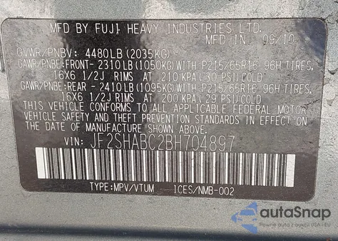 2011 Subaru Forester 2.5X из США, поврежденный, VIN JF2SHABC2BH704897